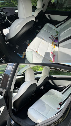 Before and after view of a family vehicle rear seat interior
