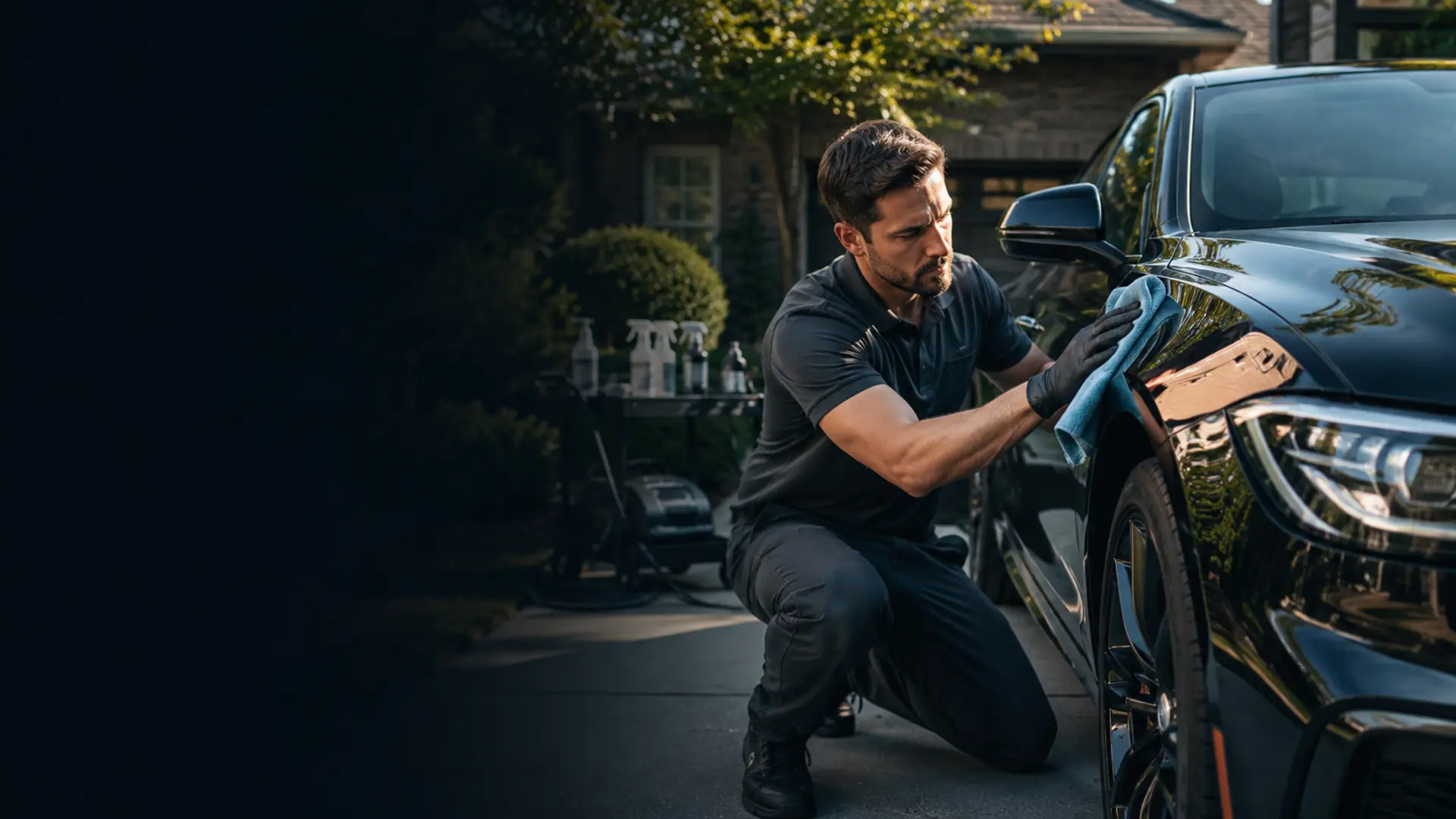 Mobile detailer hand-finishing a vehicle in a customer's driveway